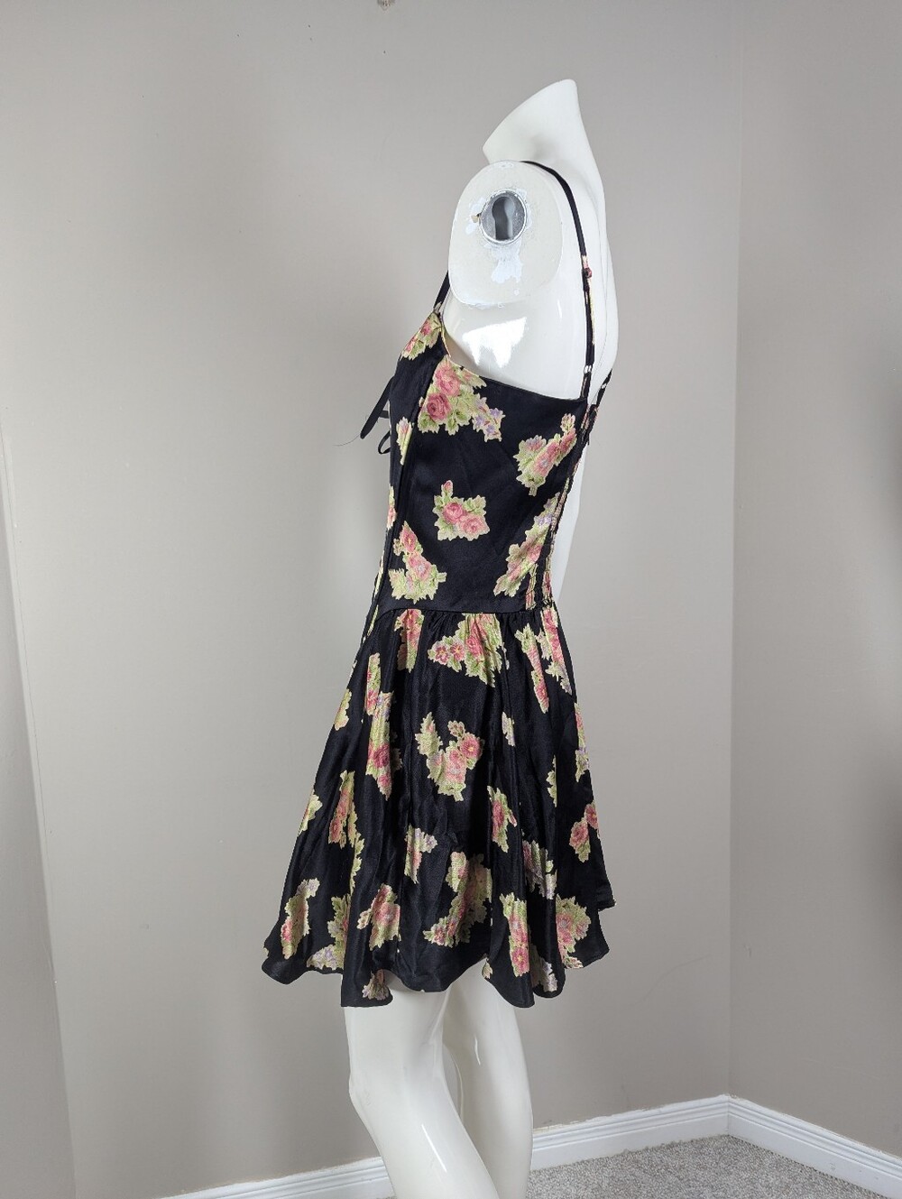 Vintage Betsey Johnson Floral Corset Mini Dress Made in USA Black Rose Lace Up M - Picture 7 of 16